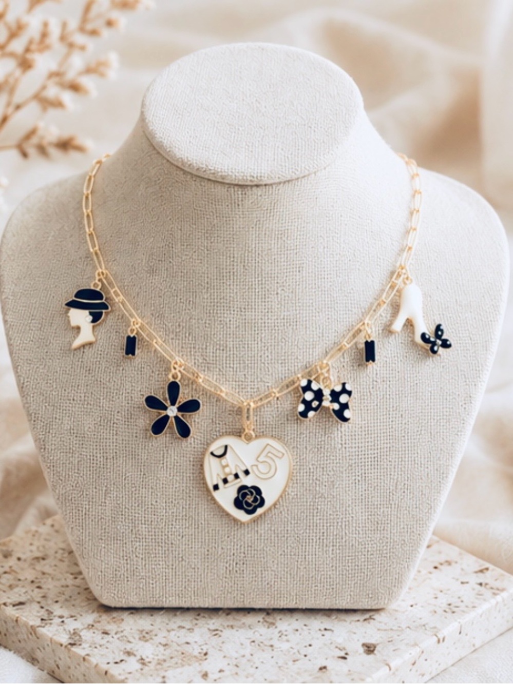 Gold Necklace with Black and White Charms - Heart Pendant Charm Necklace